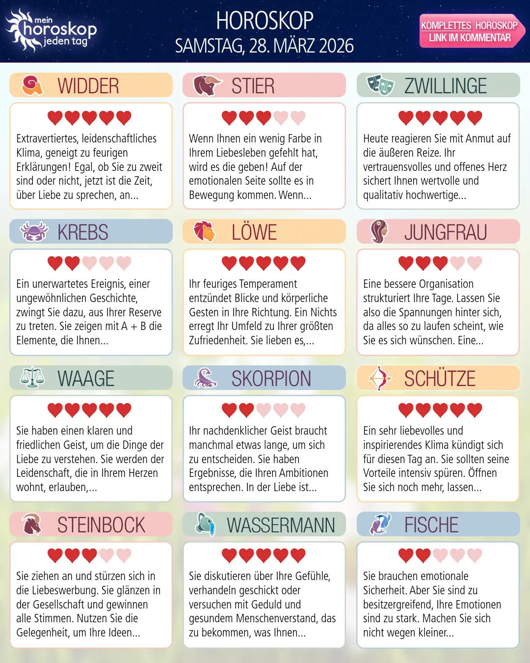 Horoskop vom samstag, 28. märz 2026