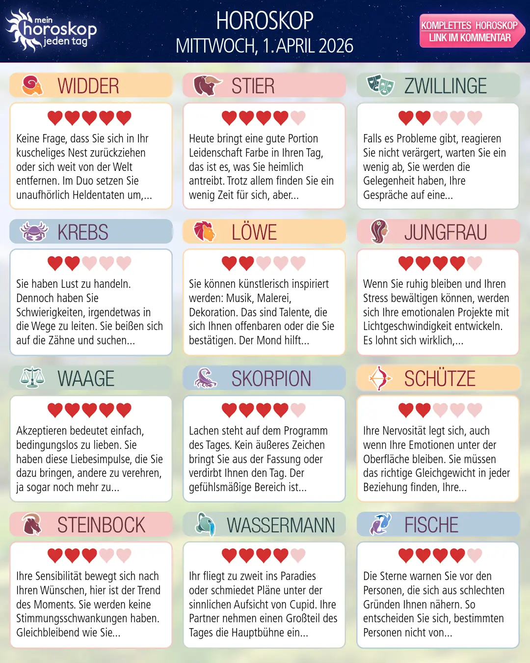 Horoskop vom mittwoch, 1. april 2026