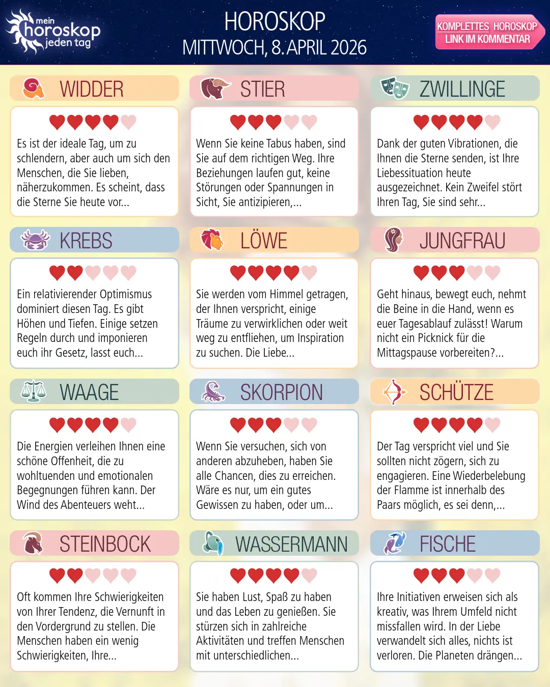 Horoskop vom mittwoch, 8. april 2026