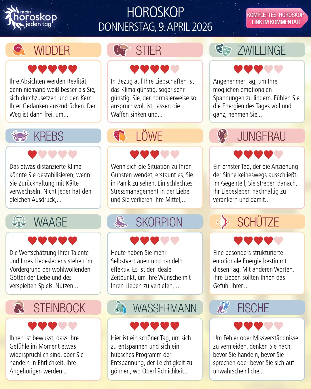 Horoskop vom donnerstag, 9. april 2026