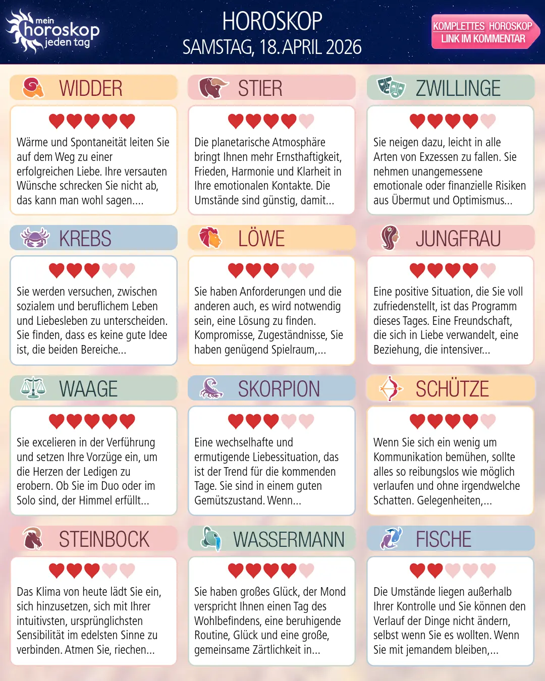 Horoskop vom samstag, 18. april 2026