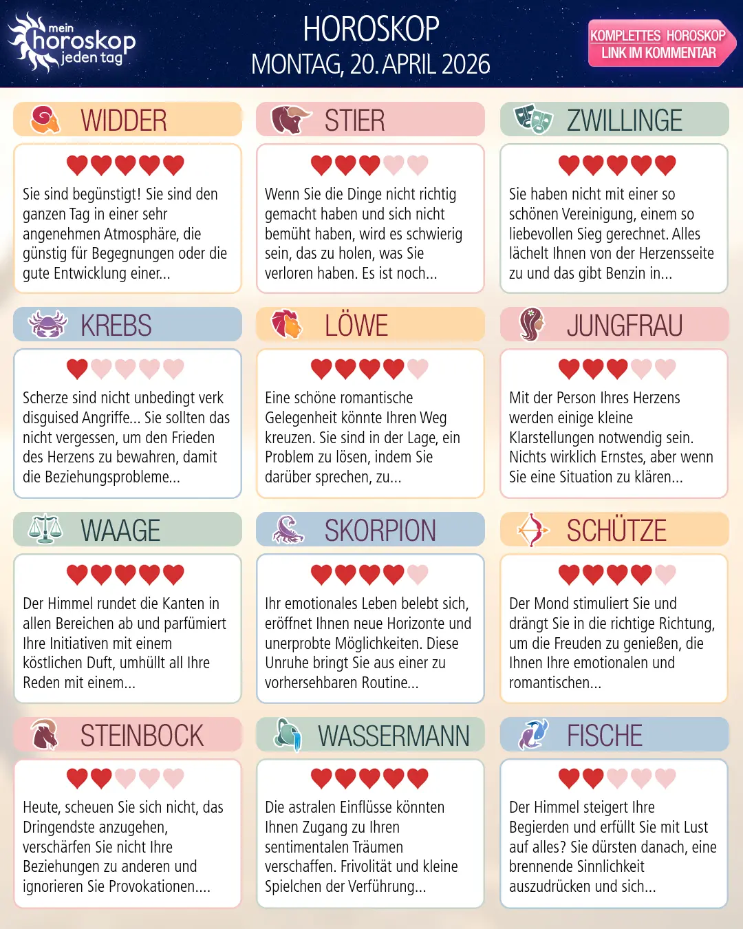 Horoskop vom montag, 20. april 2026