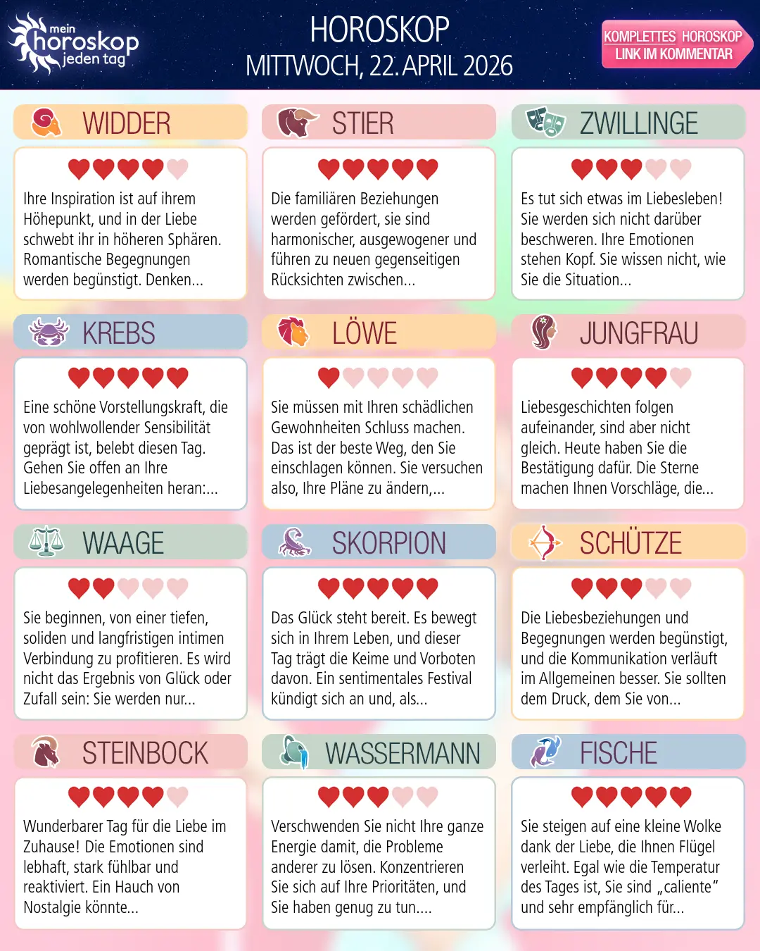 Horoskop vom mittwoch, 22. april 2026