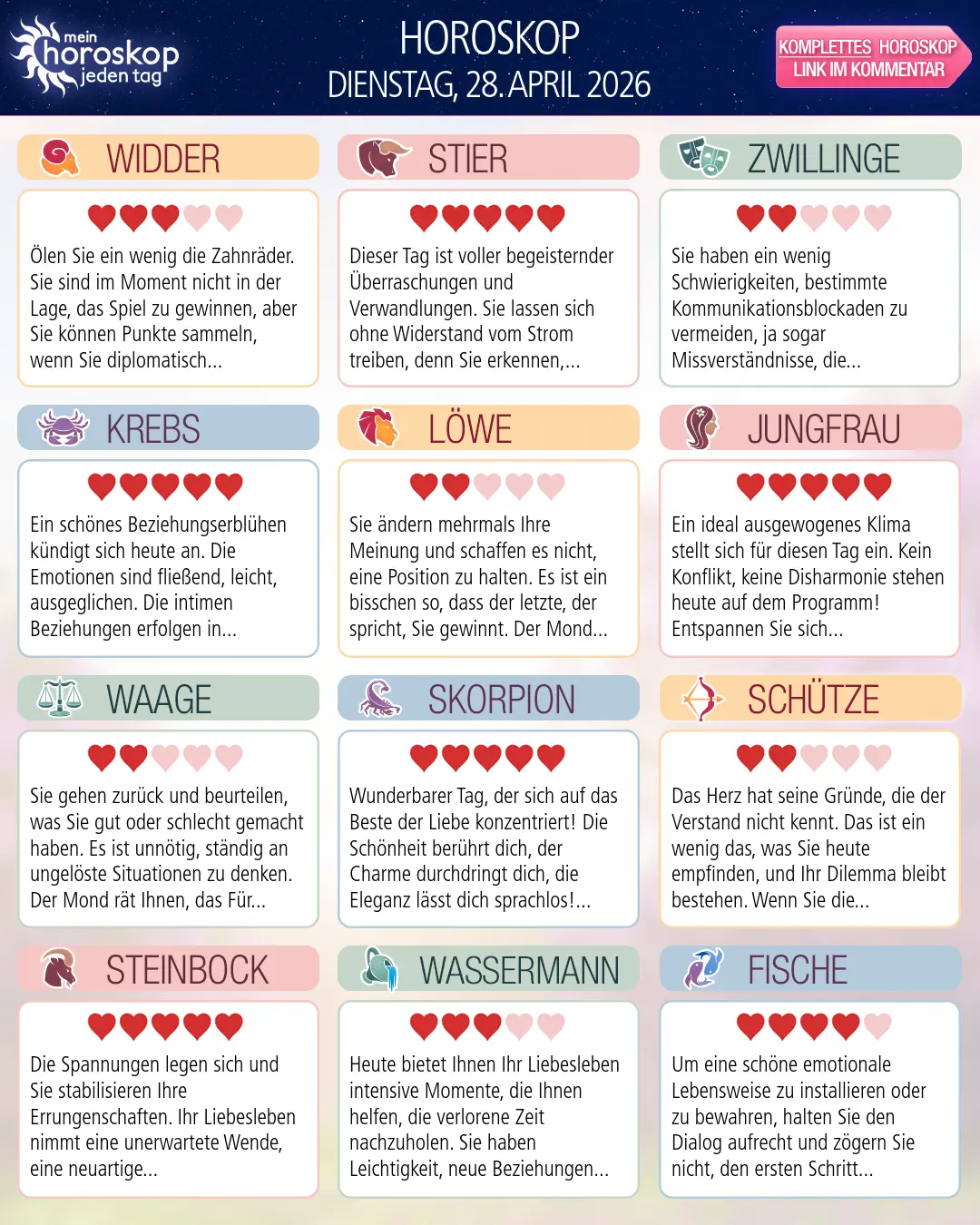 Horoskop vom dienstag, 28. april 2026