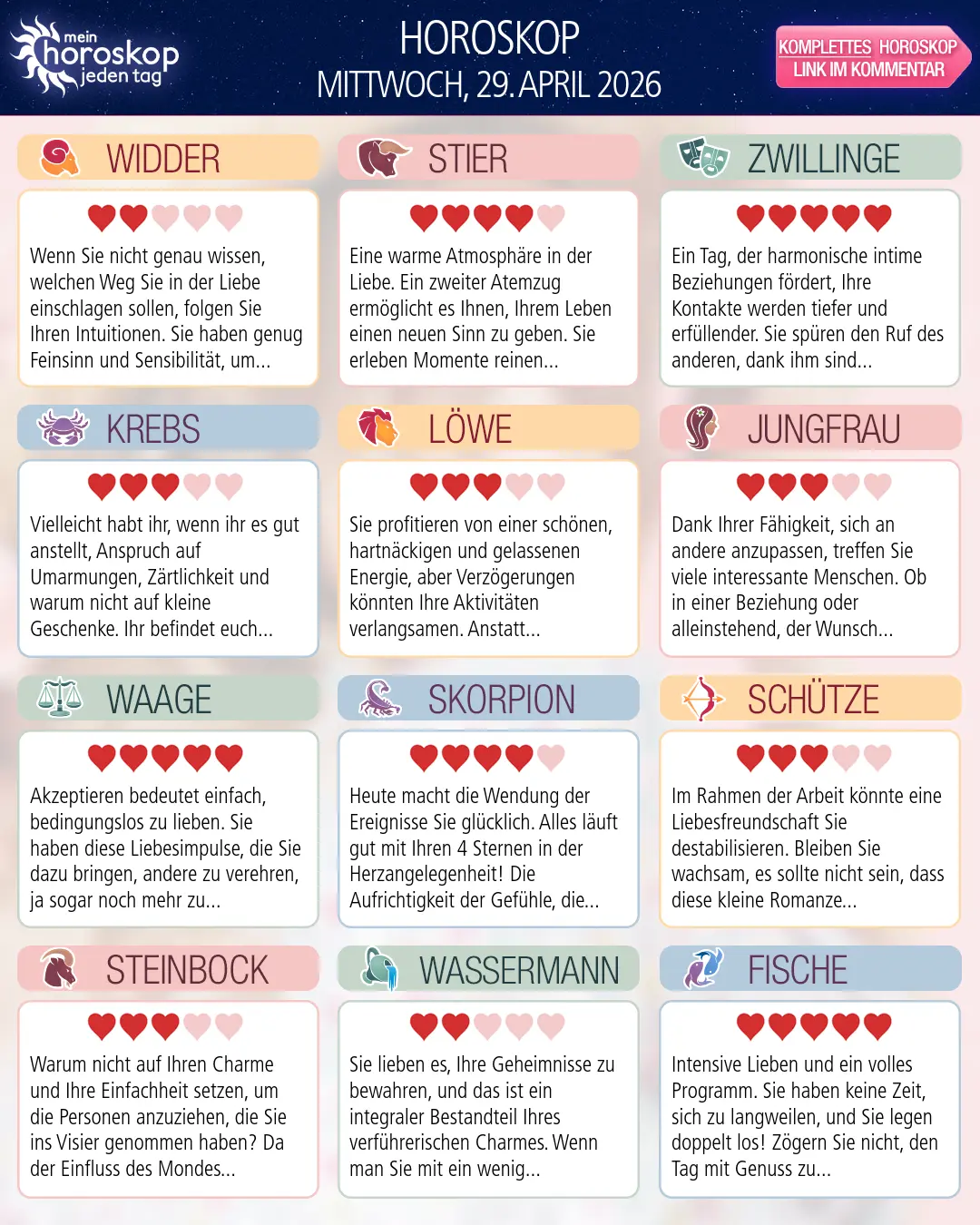 Horoskop vom mittwoch, 29. april 2026