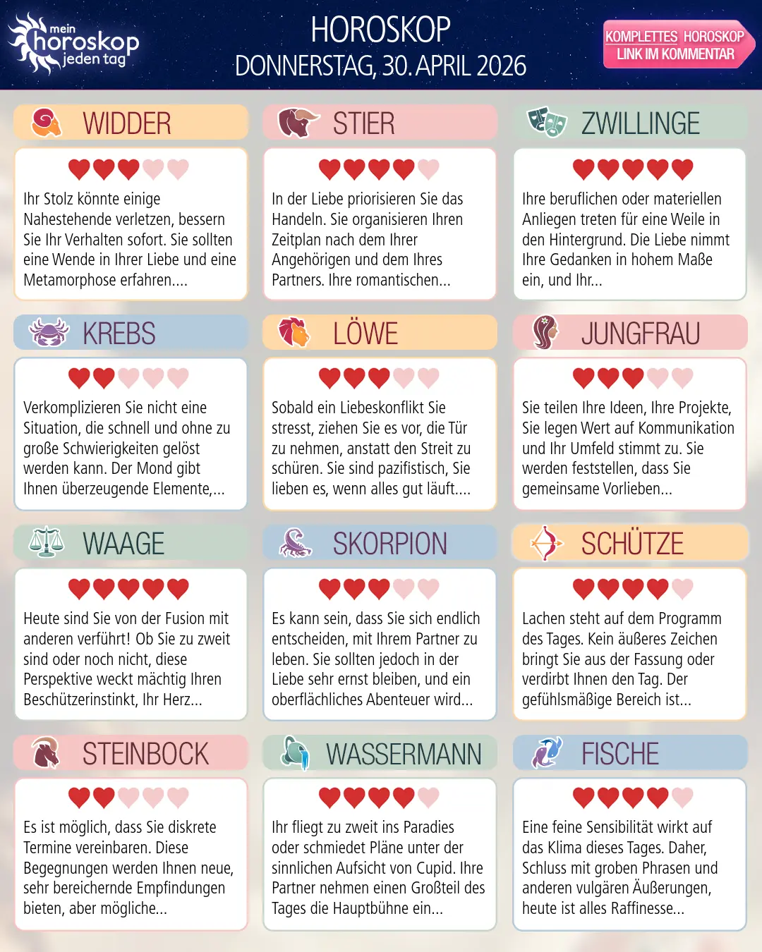 Horoskop vom donnerstag, 30. april 2026