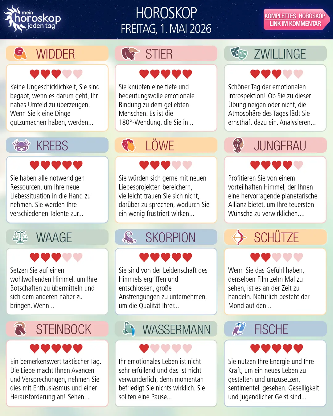 Horoskop vom freitag, 1. mai 2026