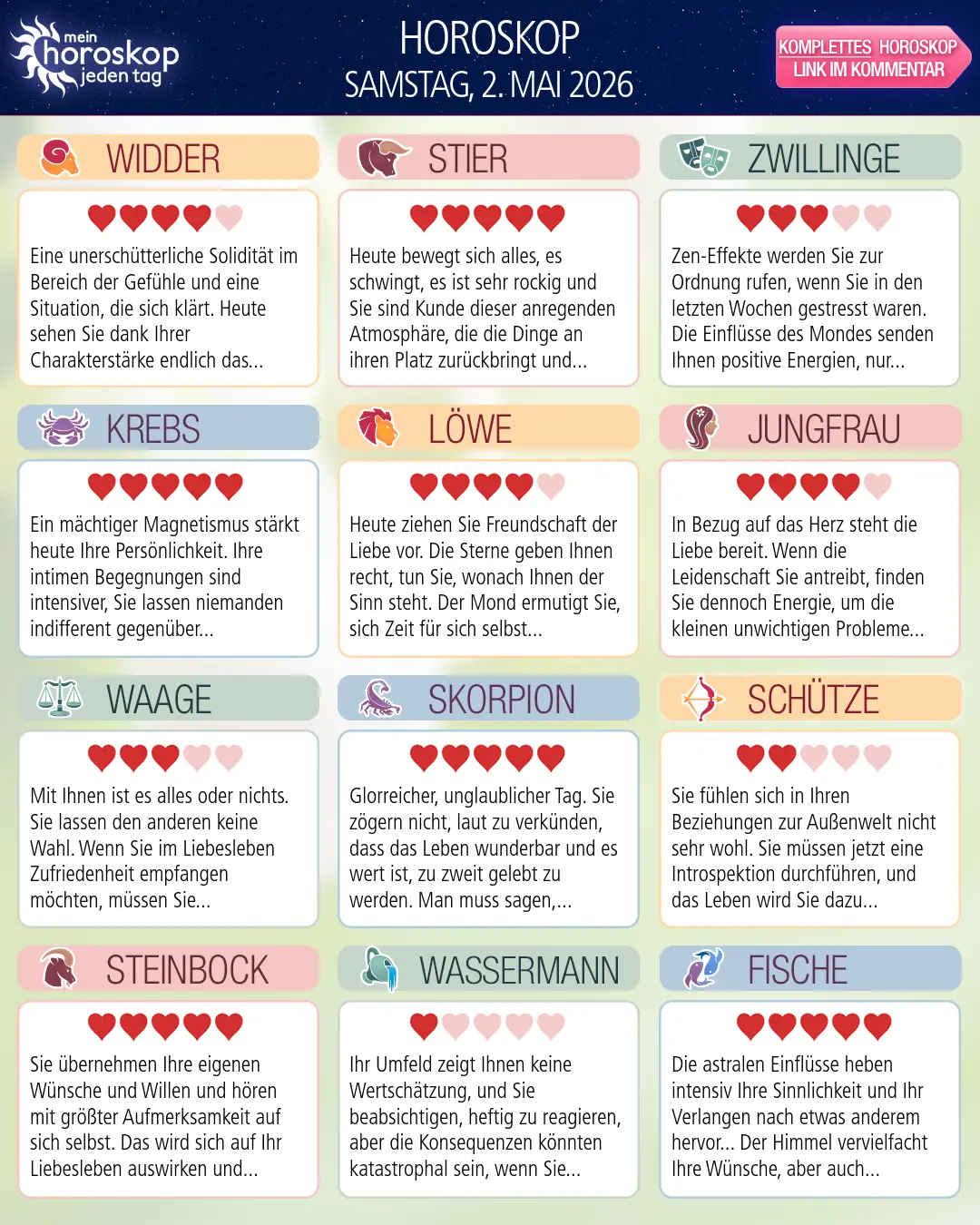 Horoskop vom samstag, 2. mai 2026