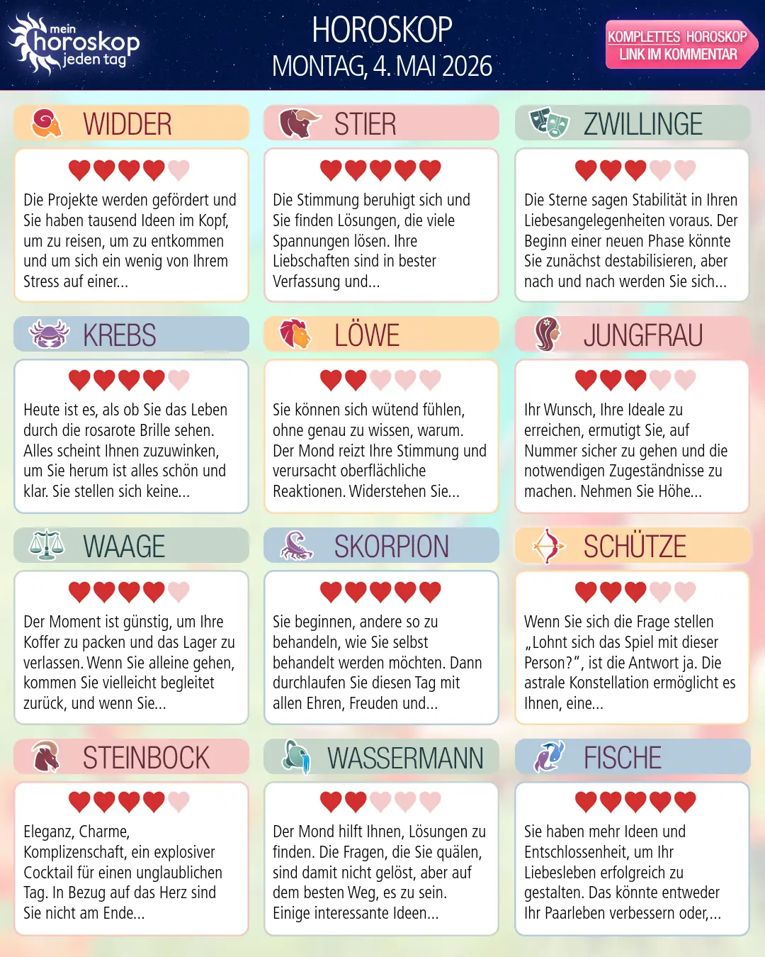 Horoskop vom montag, 4. mai 2026