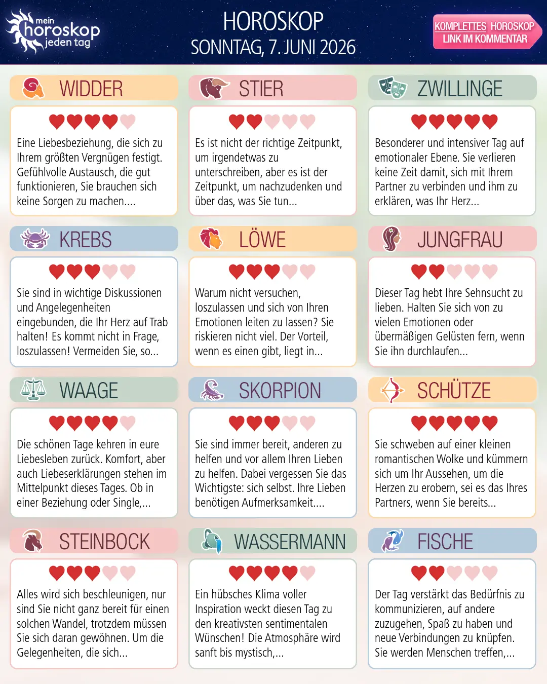 Horoskop vom sonntag, 7. juni 2026