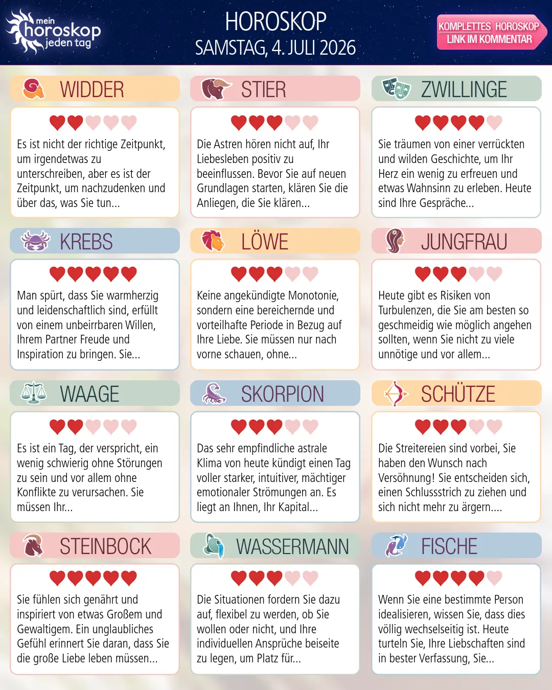 Horoskop vom samstag, 4. juli 2026