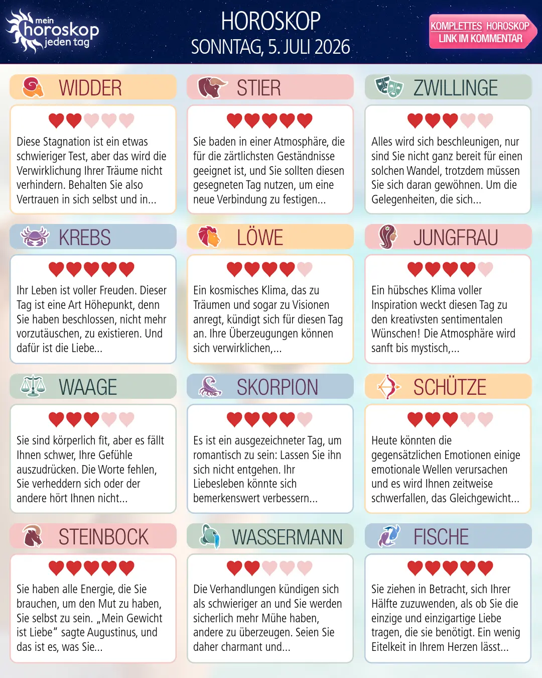 Horoskop vom sonntag, 5. juli 2026