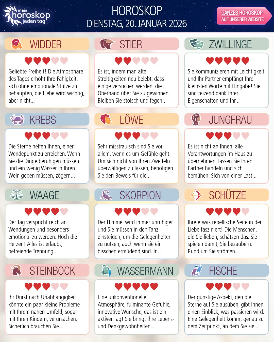 Stier: Ihr Horoskop für morgen, 20. Januar 2026